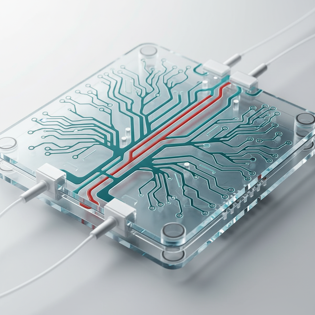 Illustration of a microfluidic chip with branching parallel channels, mixing junctions, pumps and valves controlling fluid flow