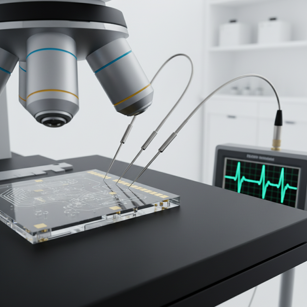 Photograph of an organ-on-chip device on a microscope stage, with metallic probe needles touching the chip's contact pads to record live signals on a waveform display
